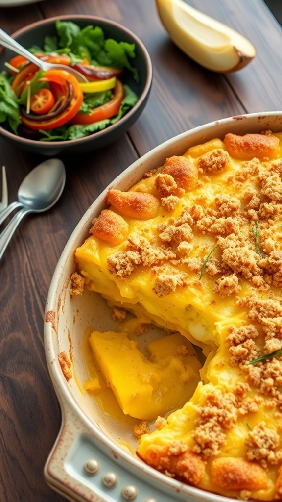 A baked yellow casserole with cheese and breadcrumbs, served in a rustic dish on a wooden table.